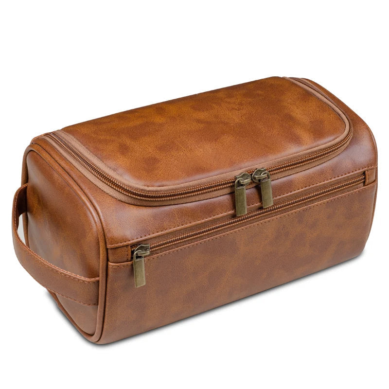 Niki | Premium Leather Toiletry Bag | Three-Layer Water-Repellent Design | Integrated Metal Hook for Hanging | 25x13x13 cm | Compact Travel Organizer with Quick Access Pocket