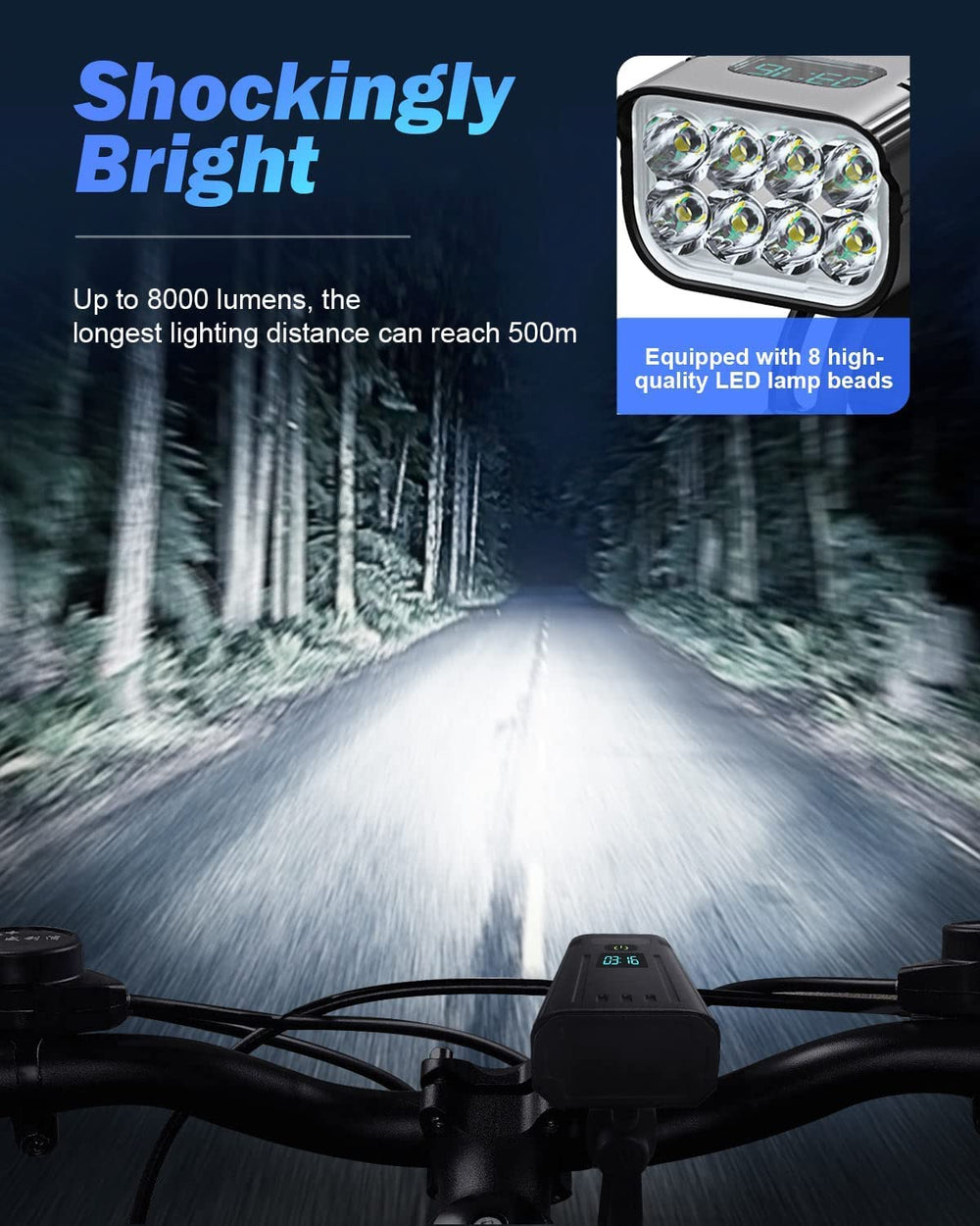 Niki | Victoper 8000 Lumens Bicycle Light Set, 8 LED USB Rechargeable Front & Rear Lights, Matte Black