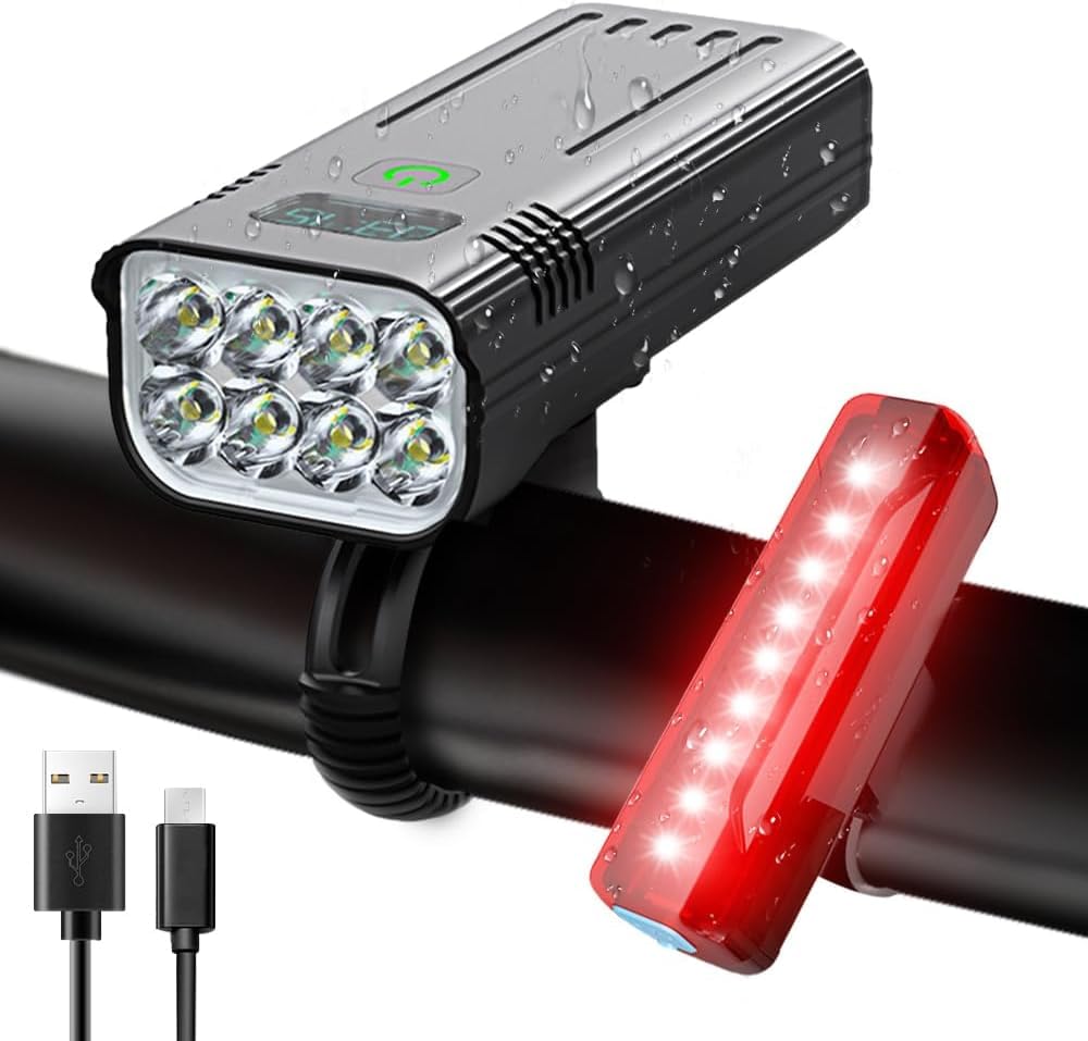 Niki | Victoper 8000 Lumens Bicycle Light Set, 8 LED USB Rechargeable Front &amp; Rear Lights, Matte Black