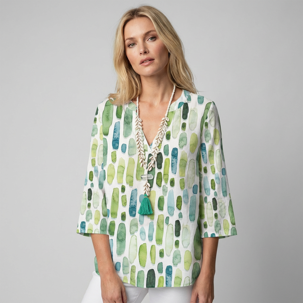 Niki | Women's 3/4 Sleeve V-Neck Blouse - Abstract Print