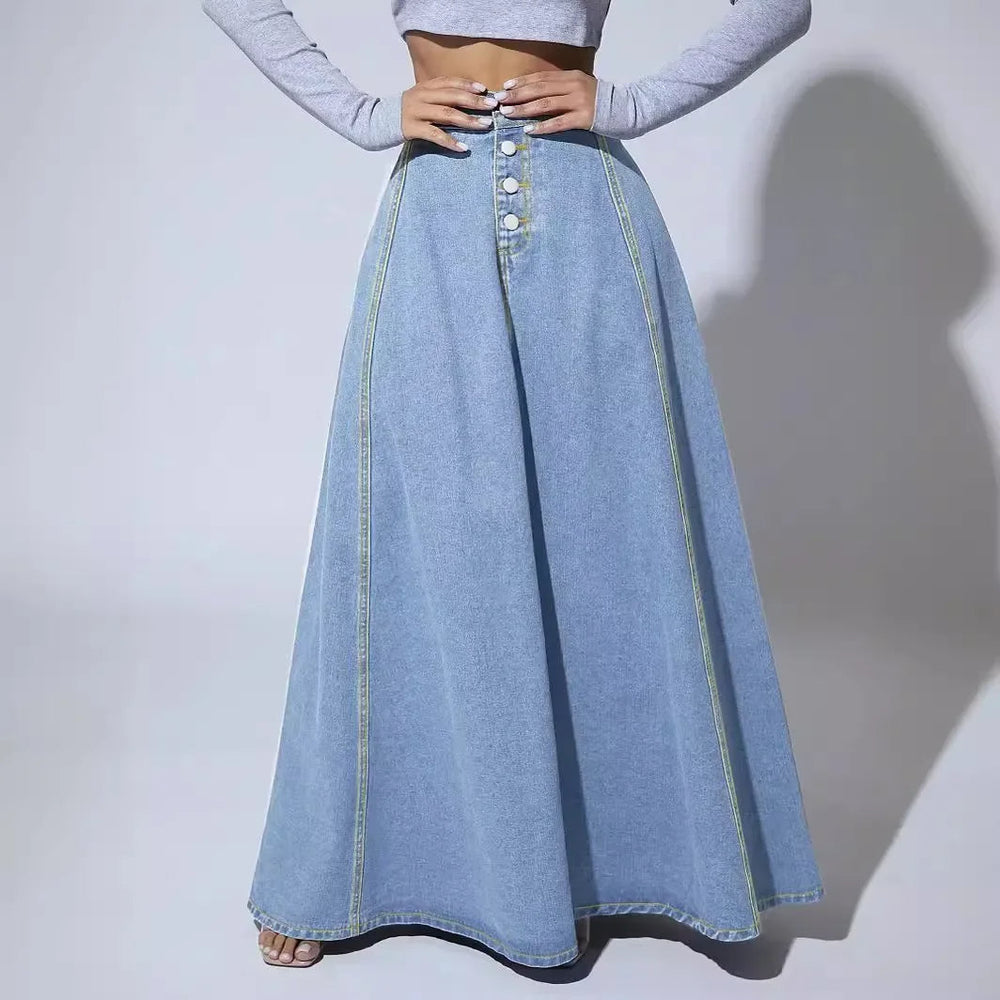 Niki | Women's A-line Maxi Denim Skirt with Button Front