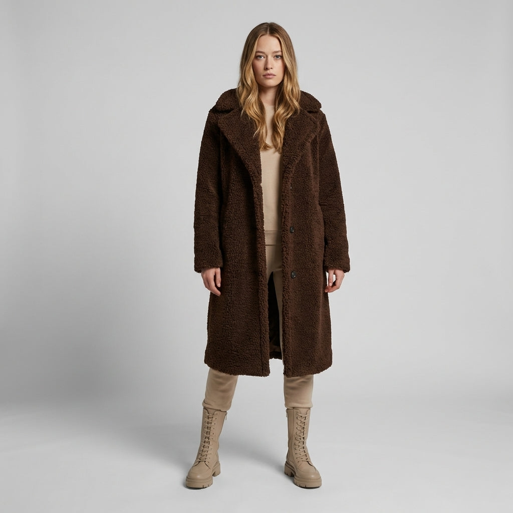 Niki | Women's Long Teddy Coat with Lapel Collar