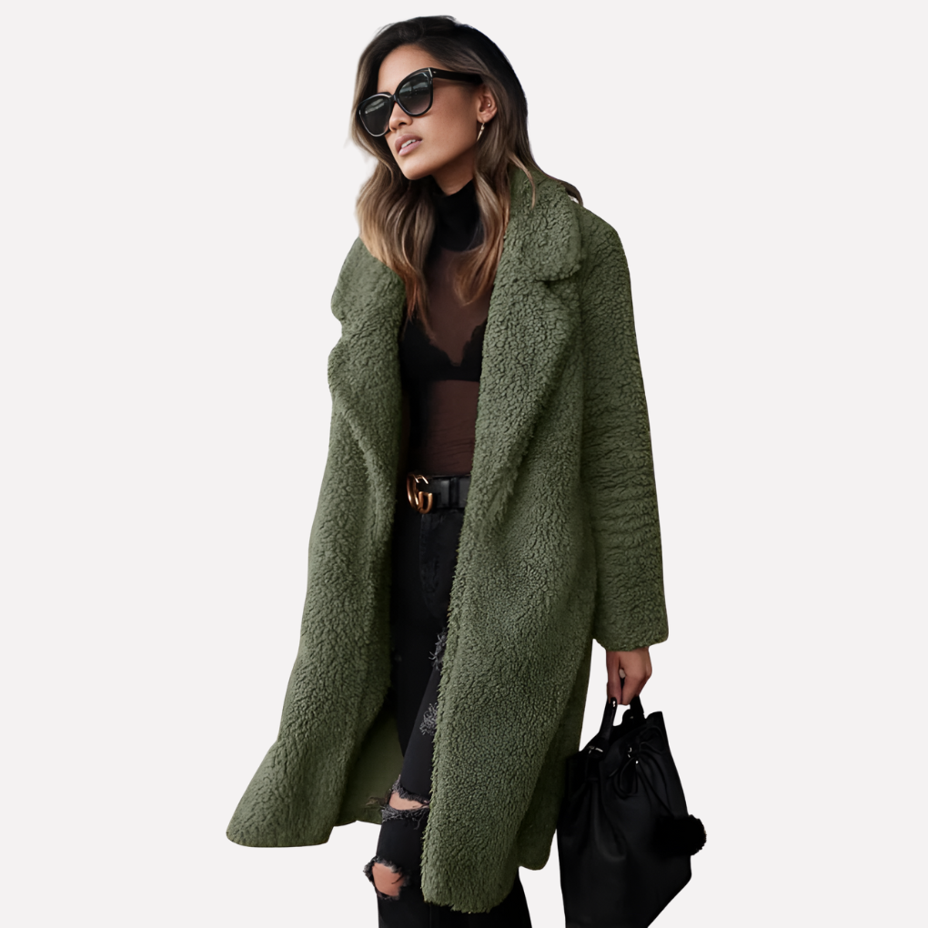 Niki | Women's Long Teddy Coat with Notched Collar