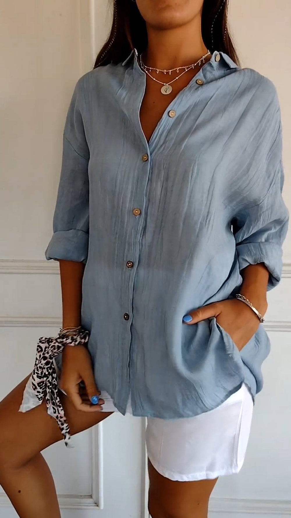 Niki | Women's Loose Fit Button-Up Shirt - Crinkled Texture