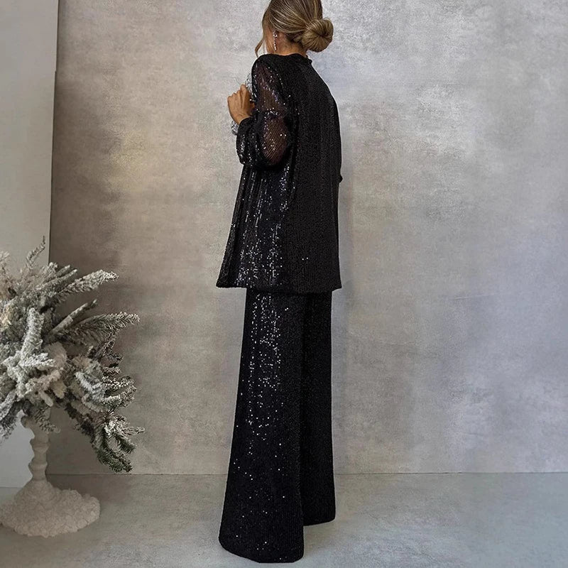 Niki | Women's Sequin Blazer and Wide-Leg Pant Set