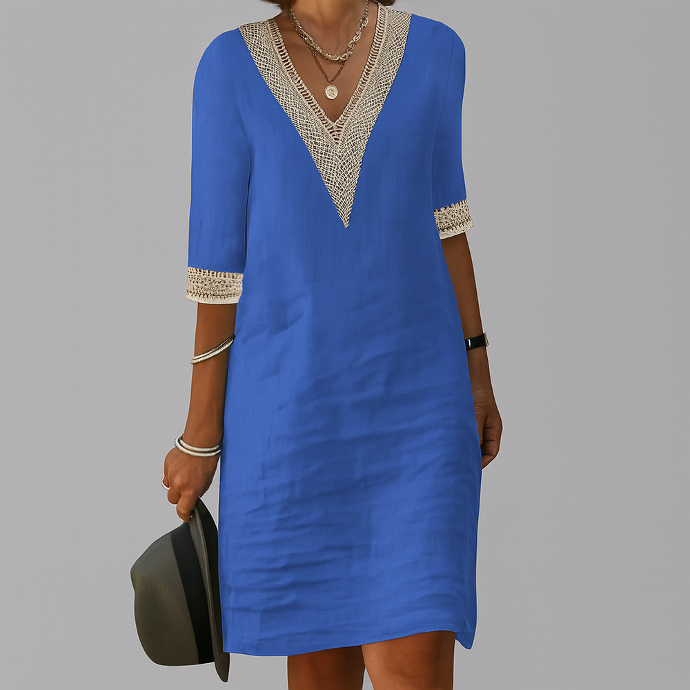 Niki | Women's V-Neck Crochet Trim Midi Dress