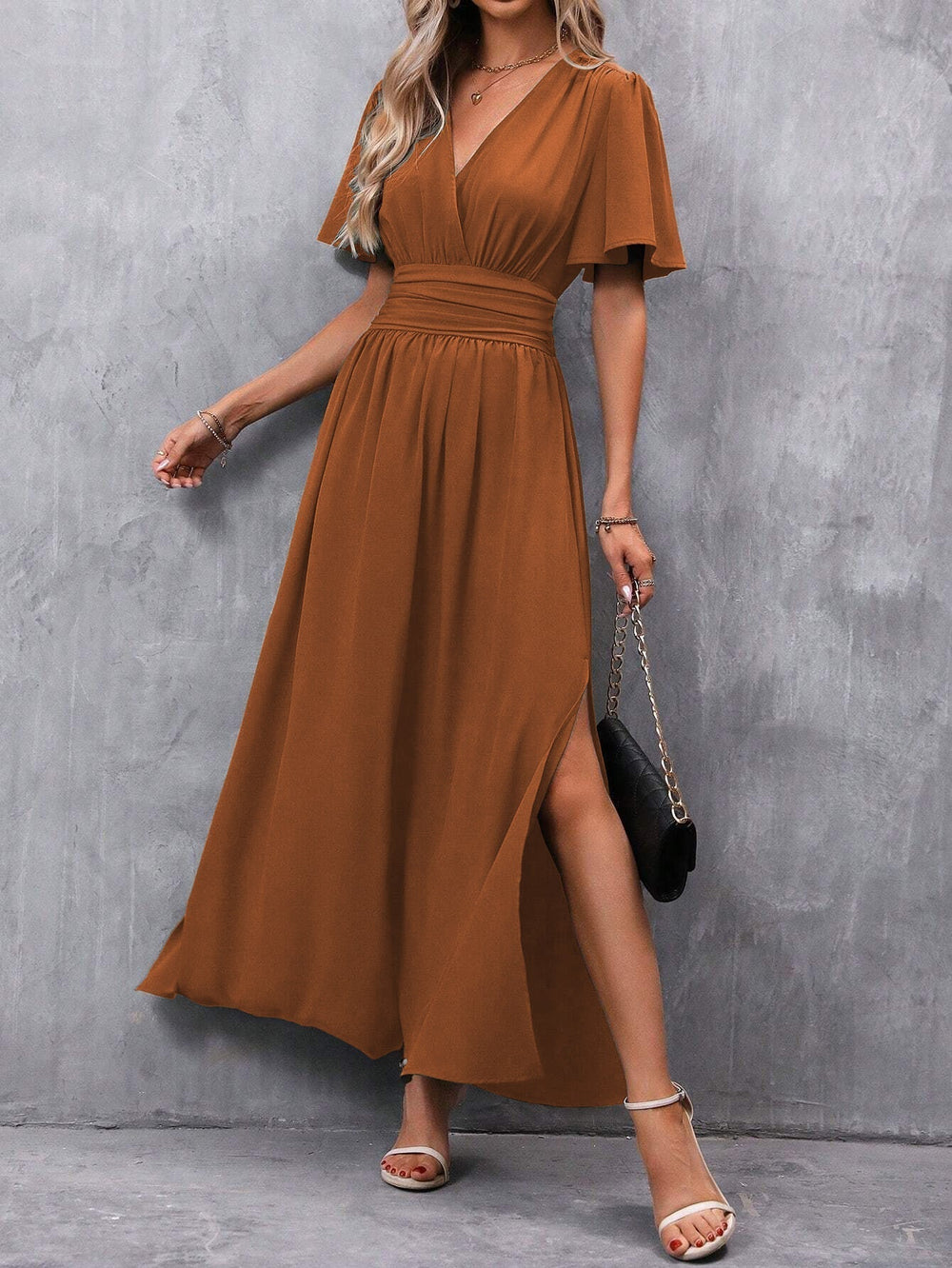 Niki | Women's V-Neck Flutter Sleeve Maxi Dress