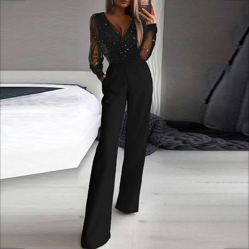 Niki | Women's Wide Leg Jumpsuit with Sheer Sparkle Sleeves