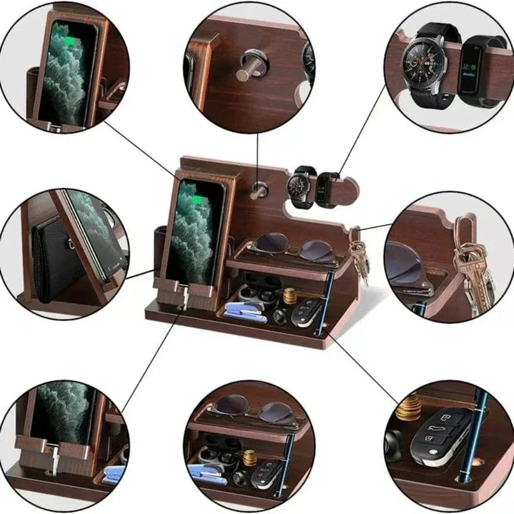 Niki | Wooden Nightstand Phone Docking Station – Multifunctional Shelf for Wallet, Watch, and Storage, Ideal for Valentine&
