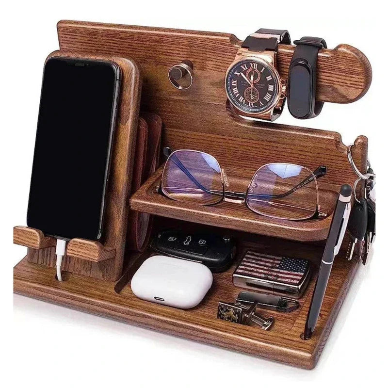 Niki | Wooden Nightstand Phone Docking Station – Multifunctional Shelf for Wallet, Watch, and Storage, Ideal for Valentine&