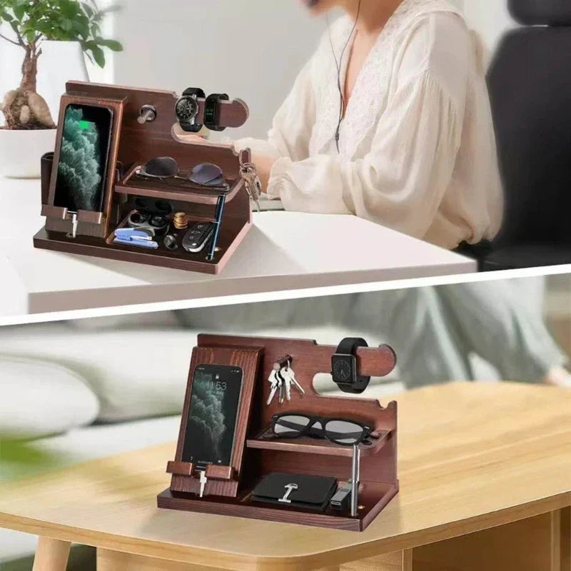 Niki | Wooden Nightstand Phone Docking Station – Multifunctional Shelf for Wallet, Watch, and Storage, Ideal for Valentine&