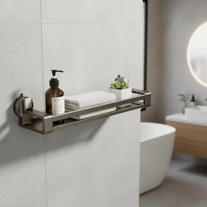 No-Drill Carbon Steel Bathroom Shelf with Suction Cup