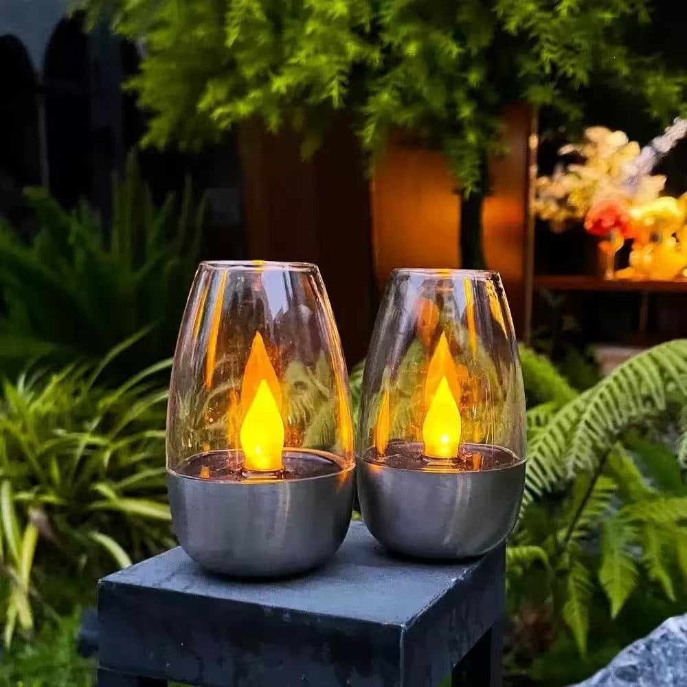 Pair of LED Flameless Glass Votive Lanterns with Realistic Flickering Flame and Metal Base