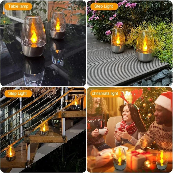 Pair of LED Flameless Glass Votive Lanterns with Realistic Flickering Flame and Metal Base
