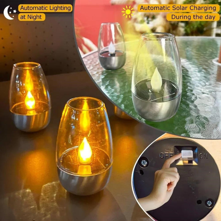 Pair of LED Flameless Glass Votive Lanterns with Realistic Flickering Flame and Metal Base