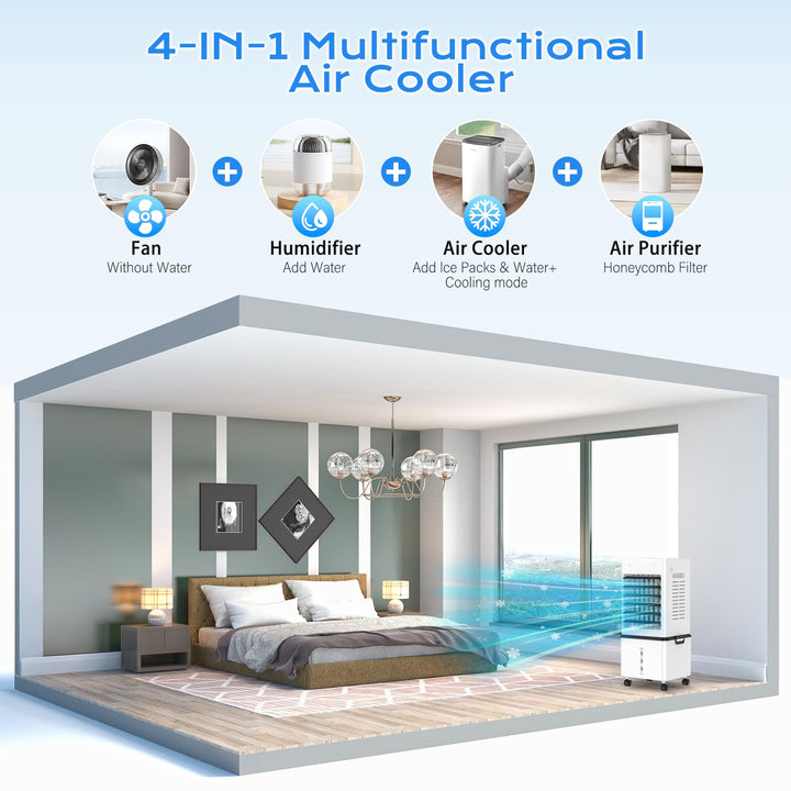 Portable Evaporative Air Cooler for Home, 12L Tank &amp; Timer