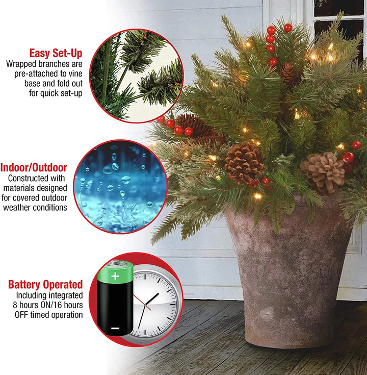 Pre-Lit Christmas Urn Filler with LED Lights and Realistic Pine Cones