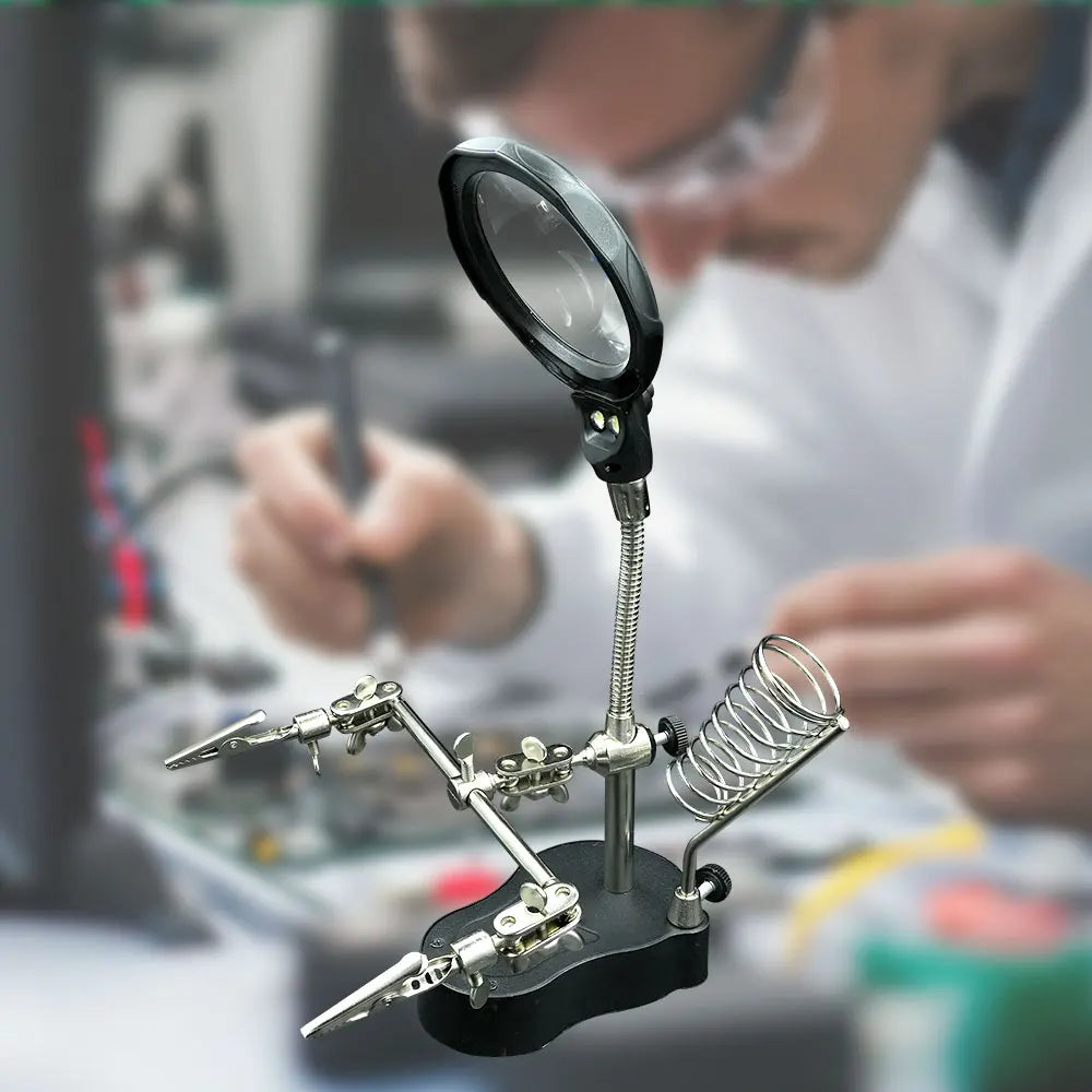 Precision Soldering Helper Station with LED Magnifier and Adjustable Clips