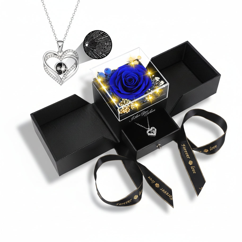 Preserved Eternal Flower Rose Gift Box with LED Light &amp; Love Necklace