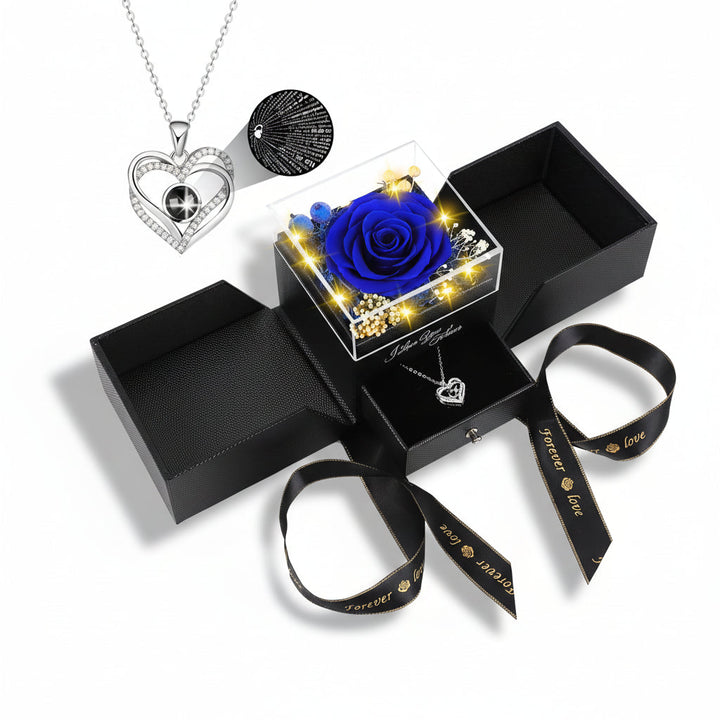 Preserved Eternal Flower Rose Gift Box with LED Light &amp; Love Necklace