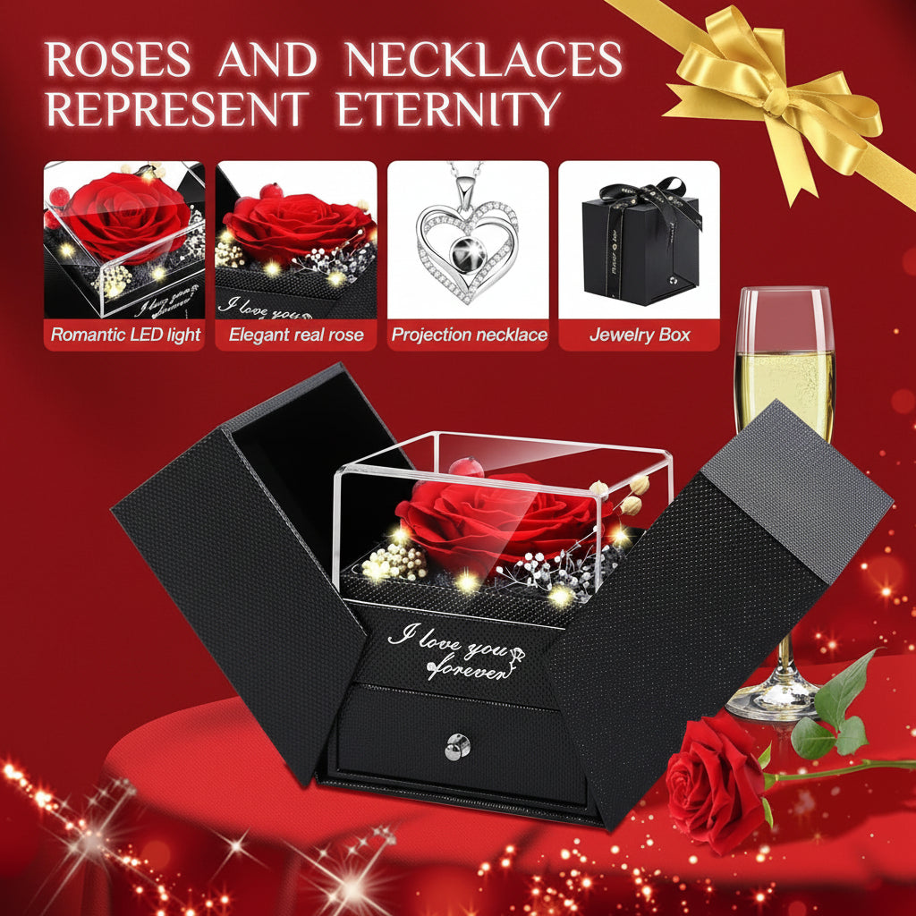Preserved Eternal Flower Rose Gift Box with LED Light &amp; Love Necklace