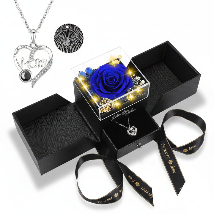 Preserved Eternal Flower Rose Gift Box with LED Light &amp; Love Necklace