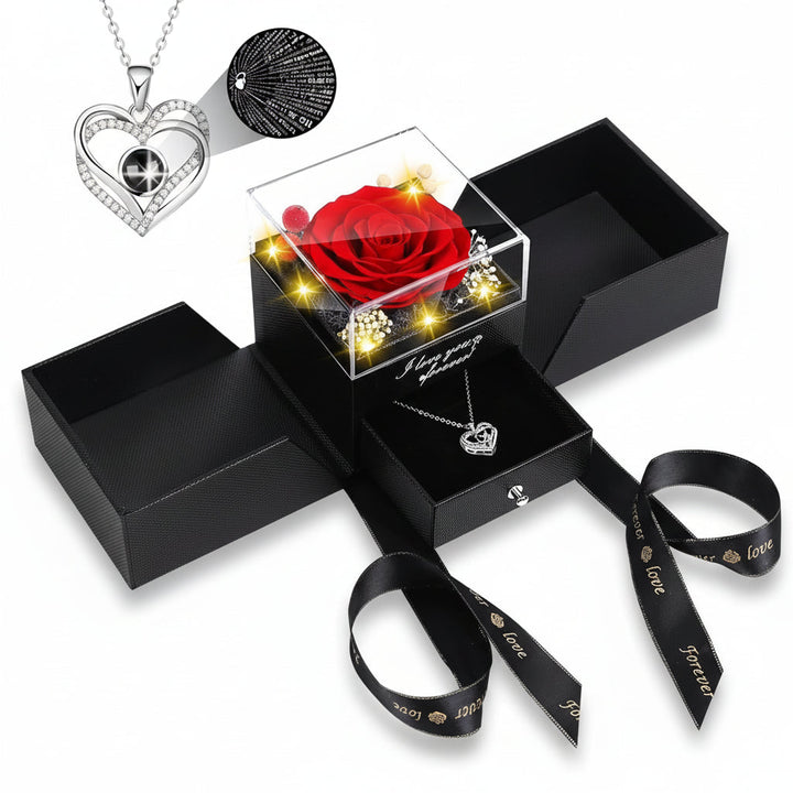 Preserved Eternal Flower Rose Gift Box with LED Light &amp; Love Necklace