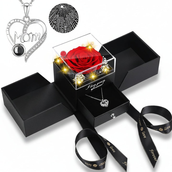 Preserved Eternal Flower Rose Gift Box with LED Light &amp; Love Necklace