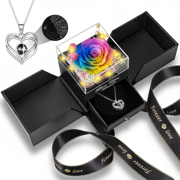 Preserved Eternal Flower Rose Gift Box with LED Light &amp; Love Necklace