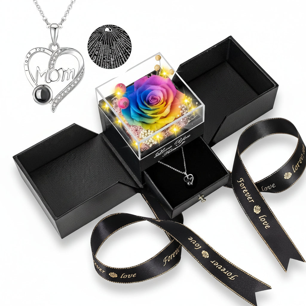 Preserved Eternal Flower Rose Gift Box with LED Light &amp; Love Necklace