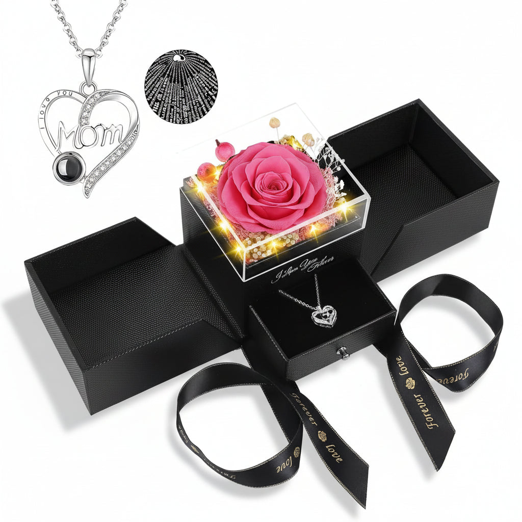 Preserved Eternal Flower Rose Gift Box with LED Light &amp; Love Necklace