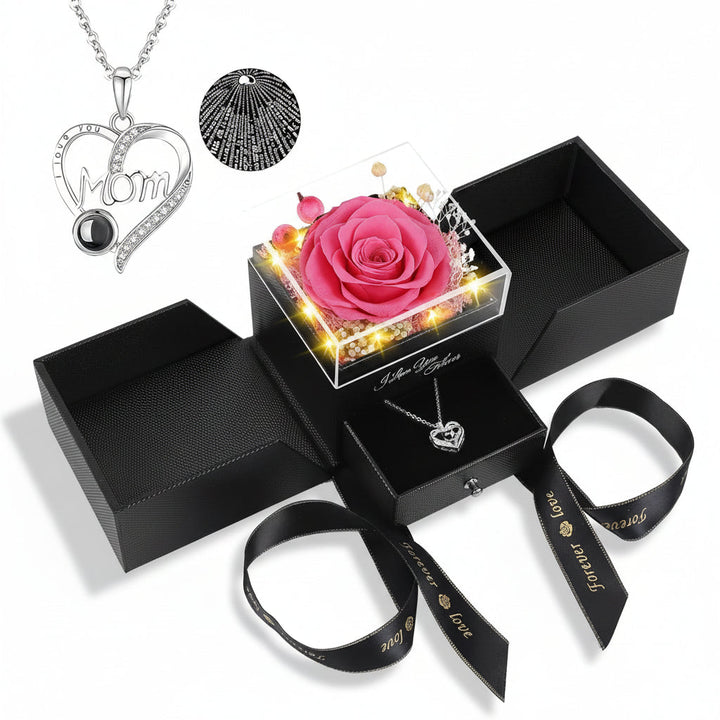 Preserved Eternal Flower Rose Gift Box with LED Light &amp; Love Necklace