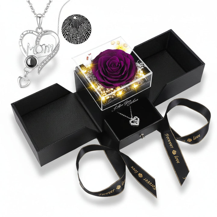 Preserved Eternal Flower Rose Gift Box with LED Light &amp; Love Necklace