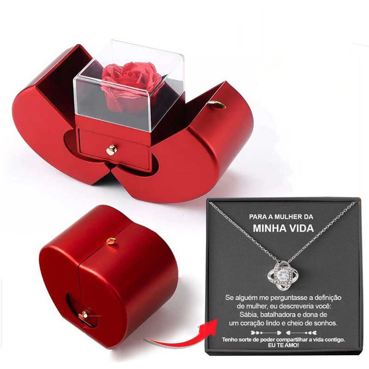 Preserved Rose Jewelry Box with Gold-Dipped Stem and Necklace Gift Set