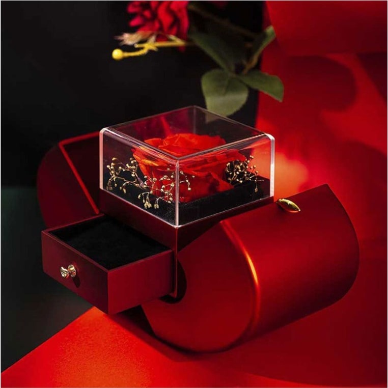 Preserved Rose Jewelry Box with Gold-Dipped Stem and Necklace Gift Set