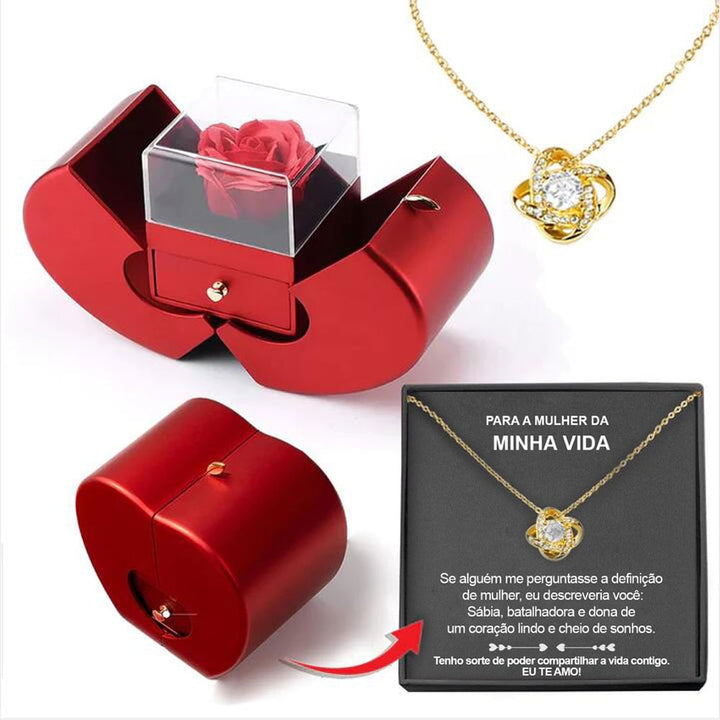 Preserved Rose Jewelry Box with Gold-Dipped Stem and Necklace Gift Set