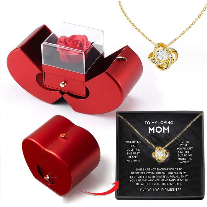 Preserved Rose Jewelry Box with Gold-Dipped Stem and Necklace Gift Set
