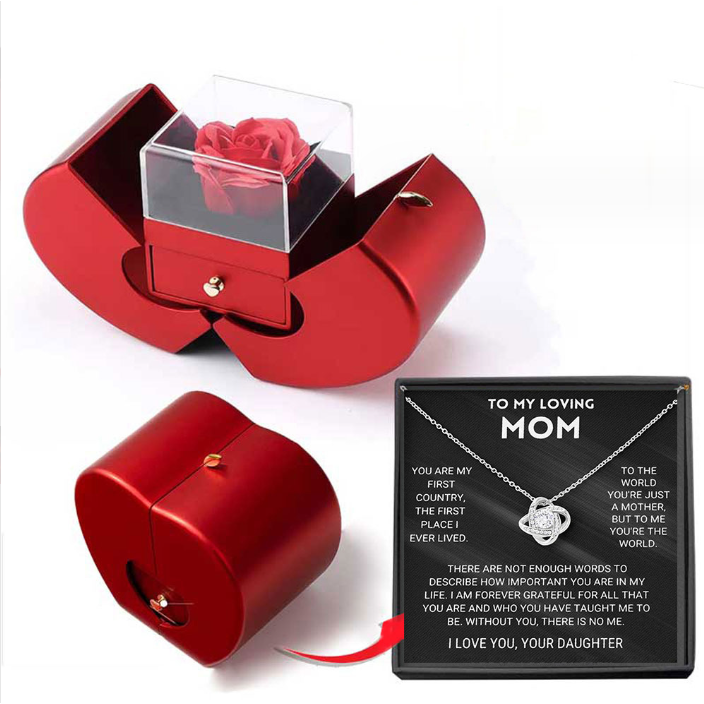 Preserved Rose Jewelry Box with Gold-Dipped Stem and Necklace Gift Set