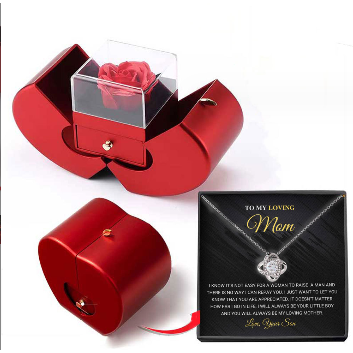 Preserved Rose Jewelry Box with Gold-Dipped Stem and Necklace Gift Set