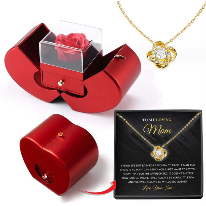 Preserved Rose Jewelry Box with Gold-Dipped Stem and Necklace Gift Set