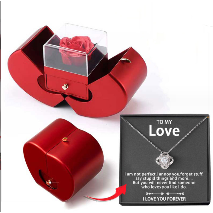 Preserved Rose Jewelry Box with Gold-Dipped Stem and Necklace Gift Set