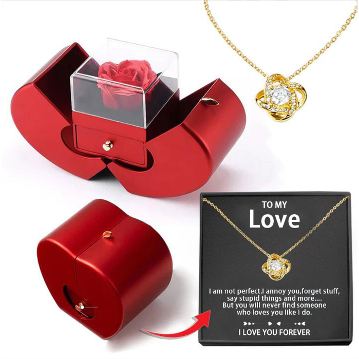 Preserved Rose Jewelry Box with Gold-Dipped Stem and Necklace Gift Set