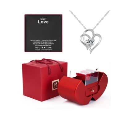 Preserved Rose Jewelry Box with Gold-Dipped Stem and Necklace Gift Set