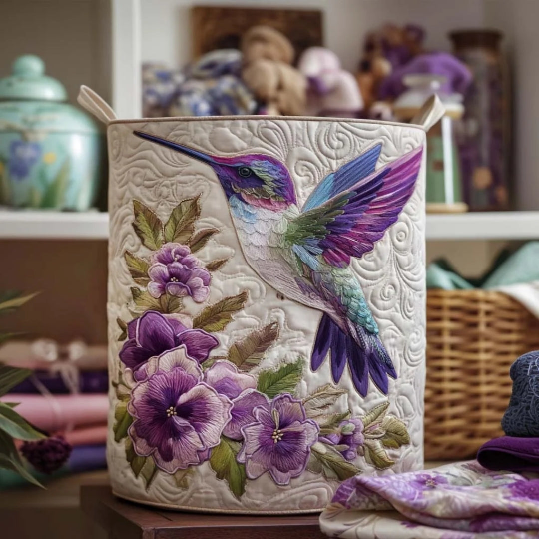 Quilted Laundry Basket with Hummingbird and Floral Design