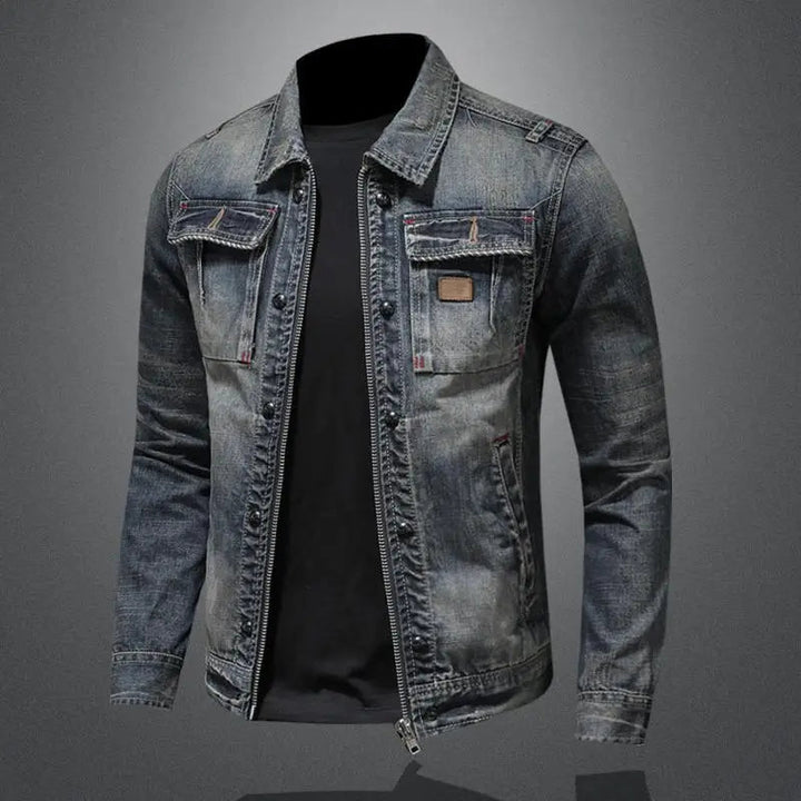 Retro Denim Jacket with Long Sleeves and High Collar