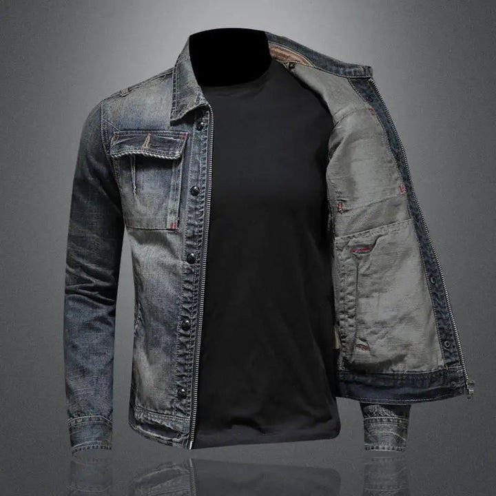 Retro Denim Jacket with Long Sleeves and High Collar