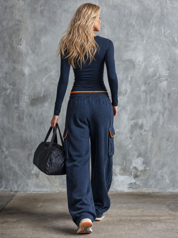 Retro Sporty Colorblock Blue Cotton Pants