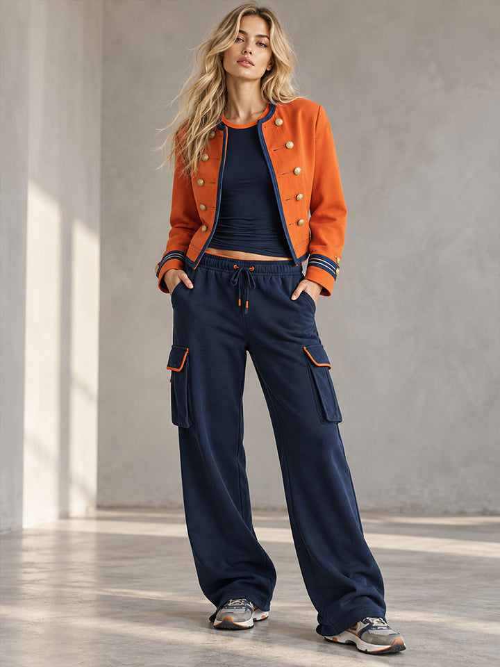 Retro Sporty Colorblock Blue Cotton Pants