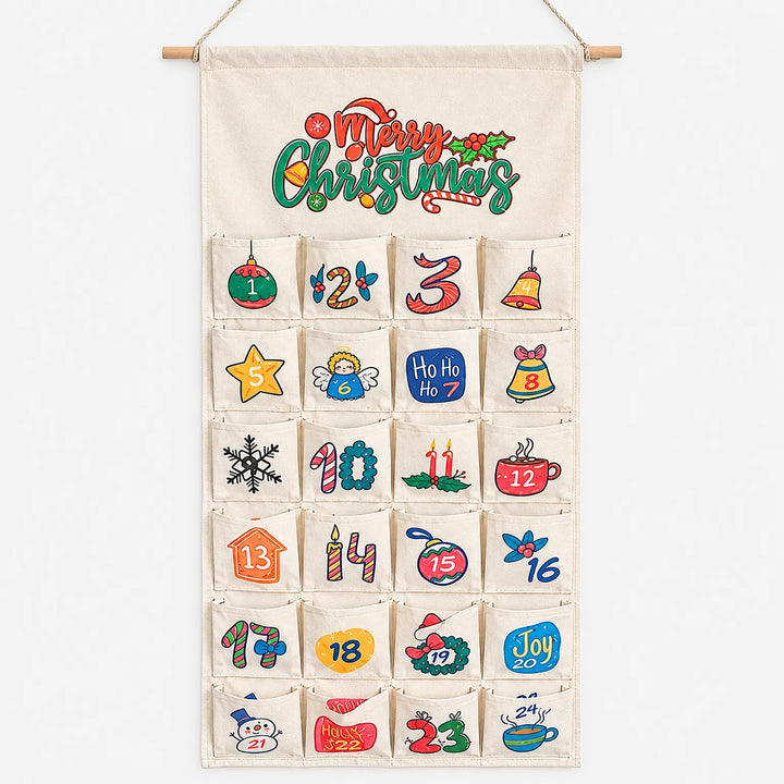 Reusable Fillable Hanging Advent Calendar – Fabric &amp; Wood Wall Calendar with 24 Pockets