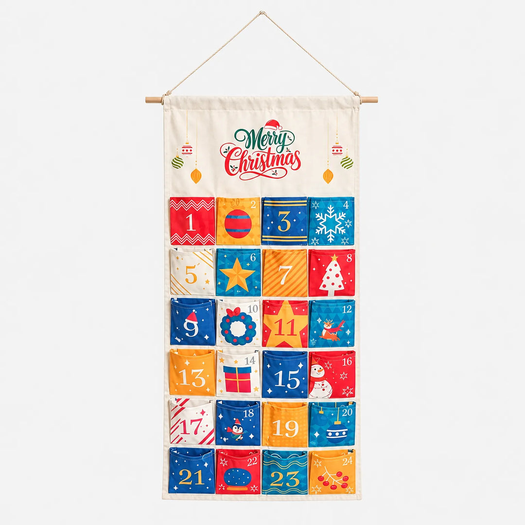 Reusable Fillable Hanging Advent Calendar – Fabric &amp; Wood Wall Calendar with 24 Pockets